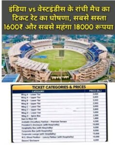 रांची में भारत-वेस्टइंडीज मैच के टिकट की कीमत घोषित, 1600 से 18 हजार रुपये तक होगा दाम